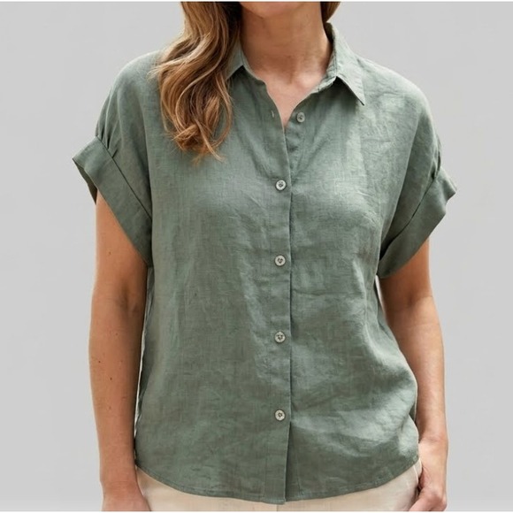 Contemporaine Tops - Sage Green 100% European Flax Linen Short Sleeve Shirt Womens Size Large